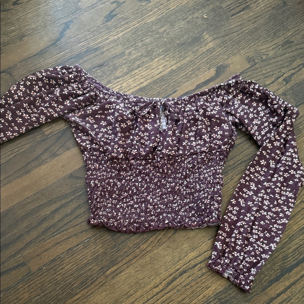 Me to We Plum Floral Off-Shoulder Smocked Crop Top